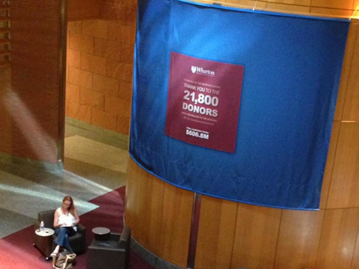 giant printed wall banner at the Wharton School