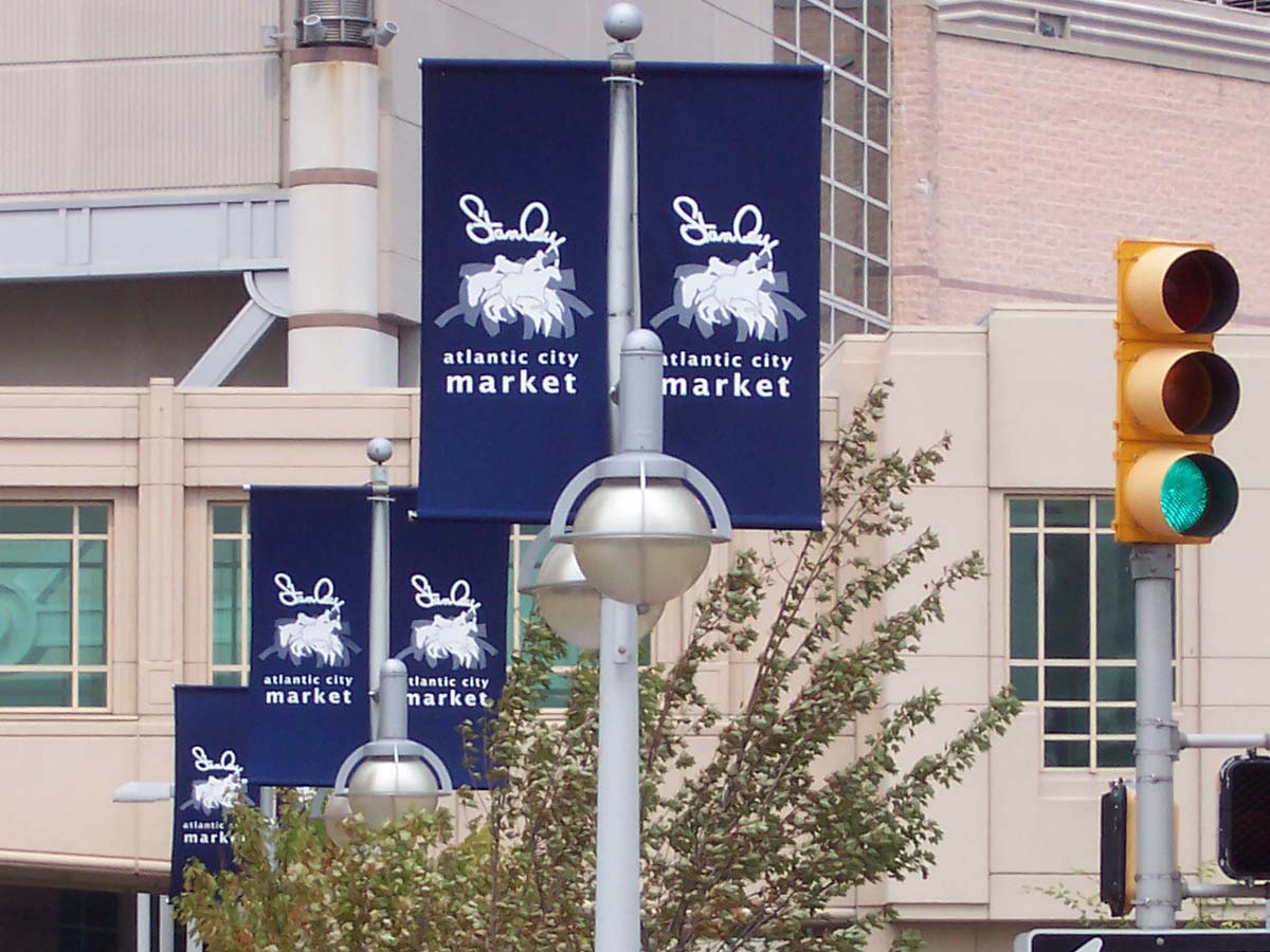 double pole flags on streetscape in Atlantic City